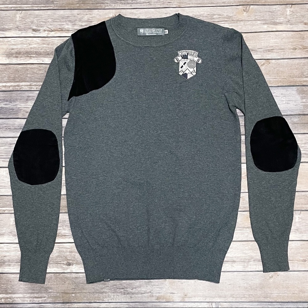 CNDYGRND Candy Grind Gray Knit Sweater Small Embroidered Logo Corduroy Patches